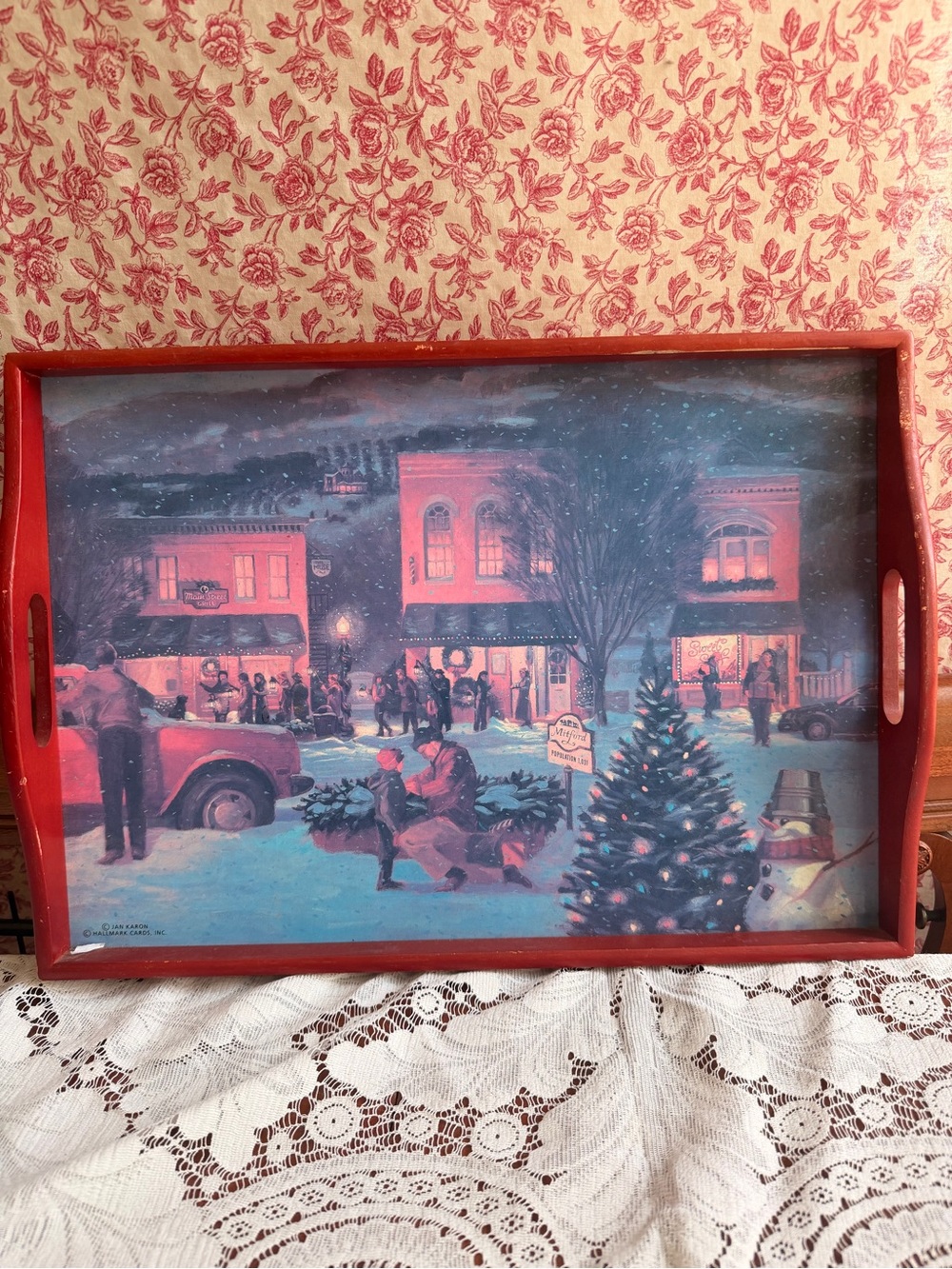 Vintage Hallmark Red Holiday Serving Tray with Vintage Winter Scene - Picture 4 of 6